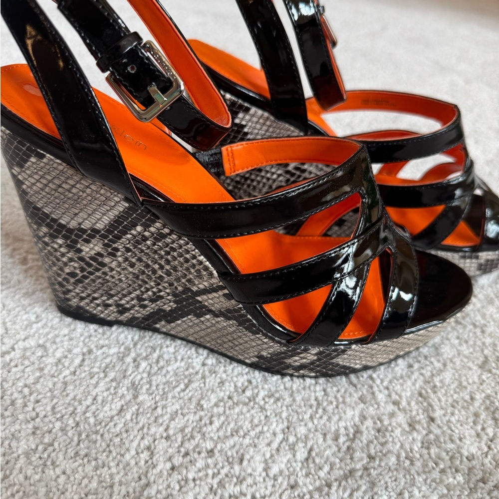 Calvin Klein Black and Orange Wedges with Snakeskin Heel